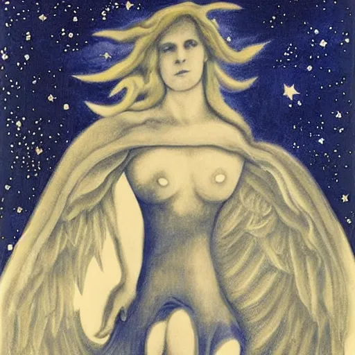 Image similar to by edward weston cosy, ominous. a digital art of a woman with wings made of stars, surrounded by a blue & white night sky. the woman is holding a staff in one hand, & a star in the other. she is wearing a billowing dress, & her hair is blowing in the wind.