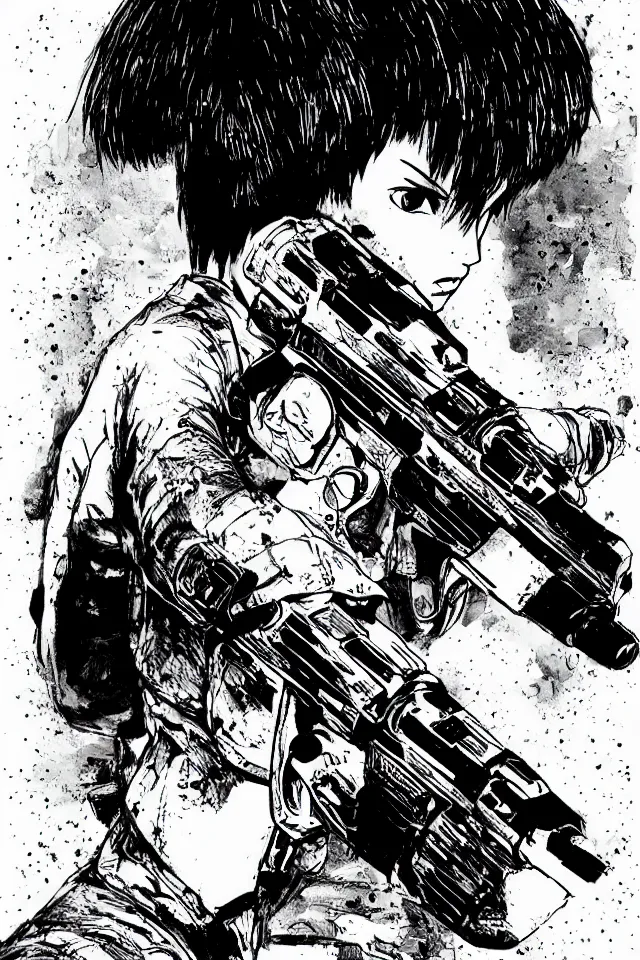 Prompt: a portrait of kaneda from akira with a glock - 1 8 gen 4, in the art style of katsuhiro otomo, realistic, highly detailed, b & w, 4 k