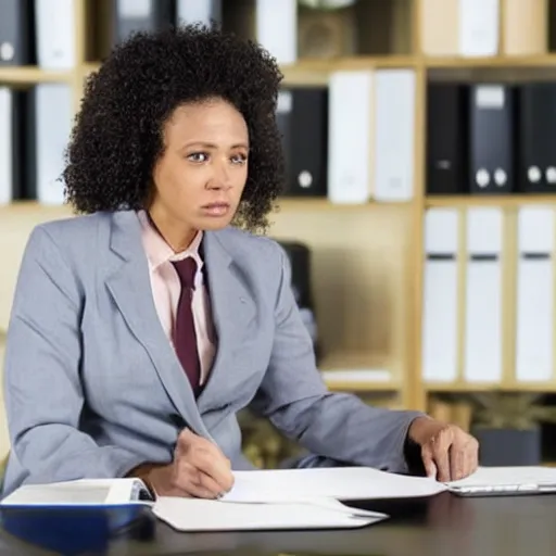 Prompt: exhausted muscular secretary sitting at a desk