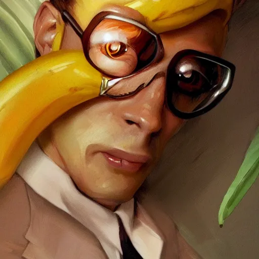 Image similar to an anthropomorphised banana in a business suit, artists portrait, fantasy, highly detailed, digital painting, concept art, sharp focus, depth of field blur, illustration, art by artgerm and greg rutkowski and alphonse mucha