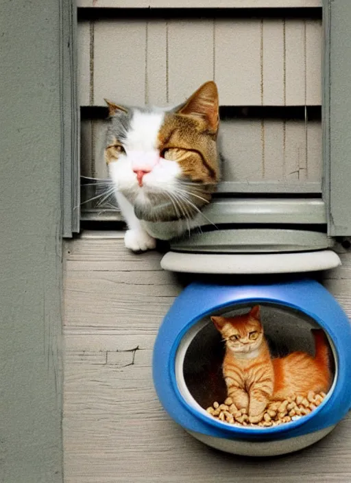 Image similar to cat inside a window next to a cat food bowl watching a martian landscape