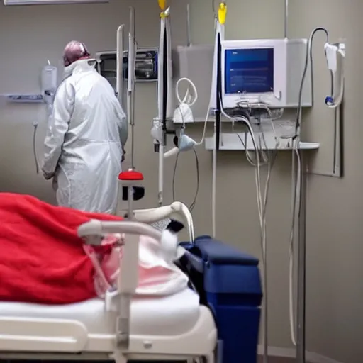 Image similar to clown in four point restraints in hospital bed, nurse preparing medications