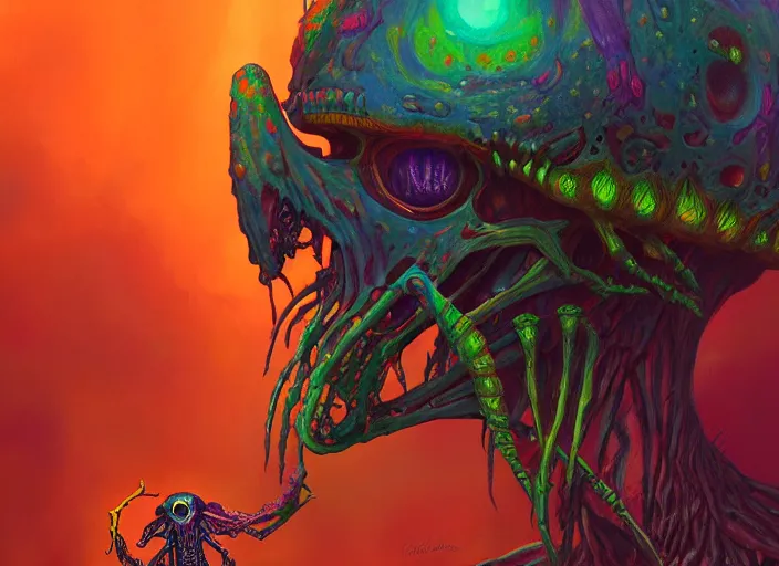 Prompt: a psychedelic portrait of omin dran skeletal mind flayer insect psion, vibrant color scheme, highly detailed, in the style of romanticism, cinematic, artstation, moebius, greg rutkowski