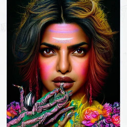 Image similar to portrait of priyanka chopra, hyper detailed masterpiece, neon floral pattern, jean giraud, digital art painting, darkwave goth aesthetic, psychedelic, artgerm, donato giancola and tom bagshaw