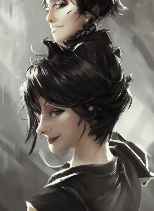 Image similar to a highly detailed illustration of beautiful short black messy haired woman wearing eyepatch!!!!!!!!!!!! and noir style suit and tie, dramatic smiling pose, intricate, elegant, highly detailed, centered, digital painting, artstation, concept art, smooth, sharp focus, league of legends concept art, WLOP