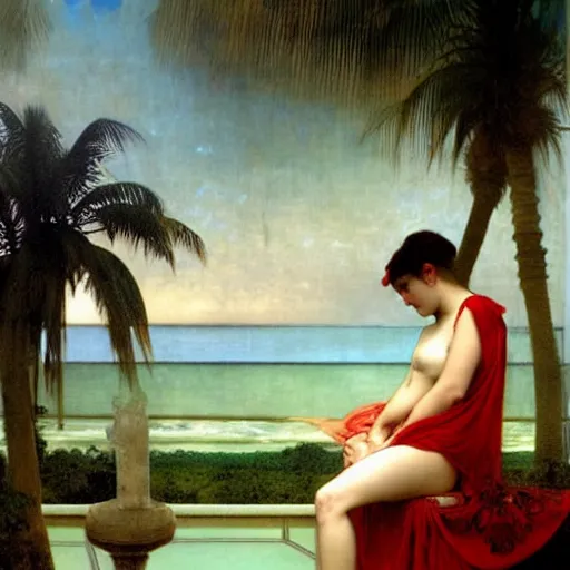 Image similar to Girl with a blood dripping chalice at the palace, thunderstorm, pool, beach and palm trees on the background major arcana sky, by paul delaroche, alphonse mucha and arnold böcklin arnold böcklin hyperrealistic 8k, very detailed