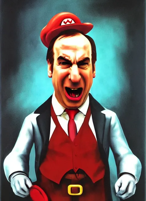 Image similar to saul goodman in super mario 64 !dream saul goodman angry, screaming, red face, spit flying from mouth, stylistic painting by 'phil hale'!!!! high quality hd