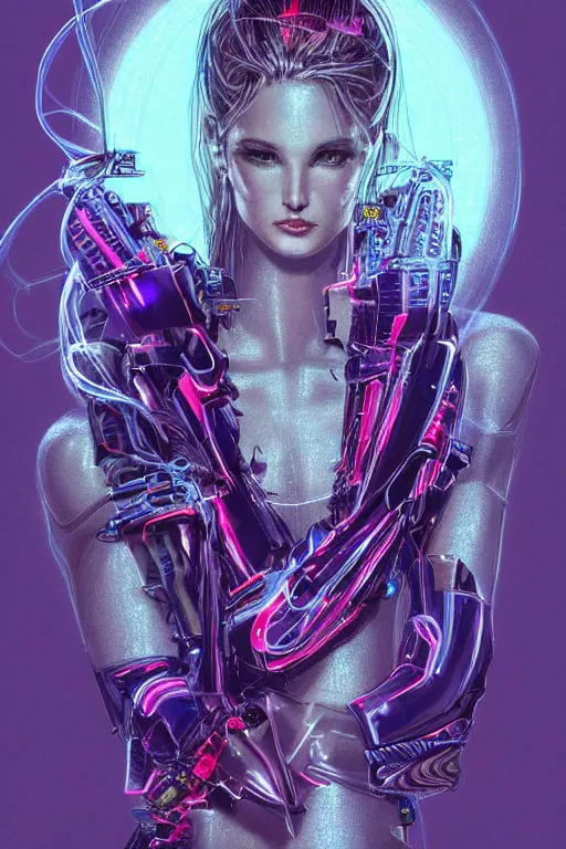 Prompt: portrait of female humanoid from 9 0 s era, intricate, elegant, neon lights, highly detailed, digital painting, artstation, glamor pose, concept art, smooth, sharp focus illustration, art by katsuhiro otomo