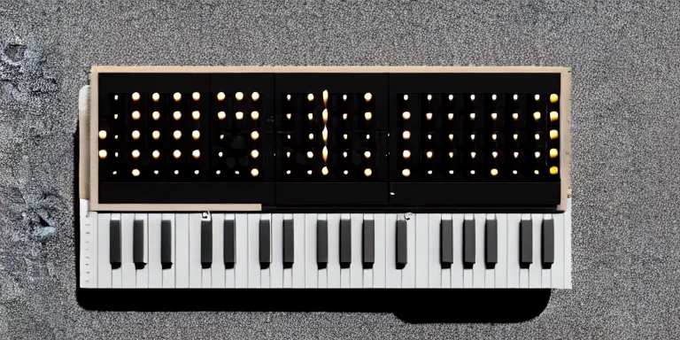 Prompt: dezeen showroom , lot2046, archdaily, minimalissimo, houdini , teenage engineering moad, product design concept, product shot, top down view of moog melotron synthesizer 3d model made by jony ives, dieter rams, 8k, high detailed photo
