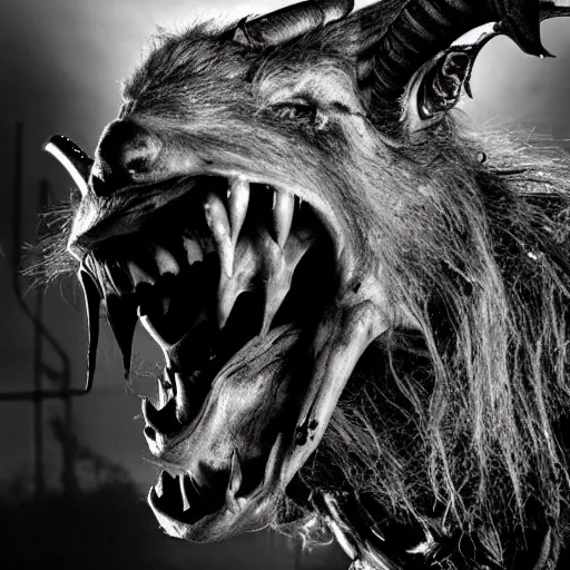 Prompt: horror photography, cinematic, moody, screeching mutant goat monster with a mouth crammed full of sharp teeth and filthy matted fur