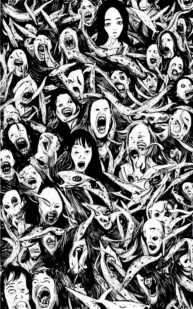 Prompt: Sharknado in the style of junji ito, manga, horror, spirals, faces, sharks, teeth