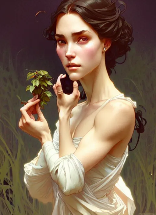 Prompt: dainty wilder face, incredibly detailed face, pretty face, light dress, true anatomy, art by artgerm and greg rutkowski and alphonse mucha