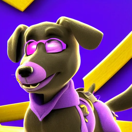 Prompt: an 3d render of a purple dog character, in the style of disney, pixar, mixed media collage, highly detailed, 8k resolution