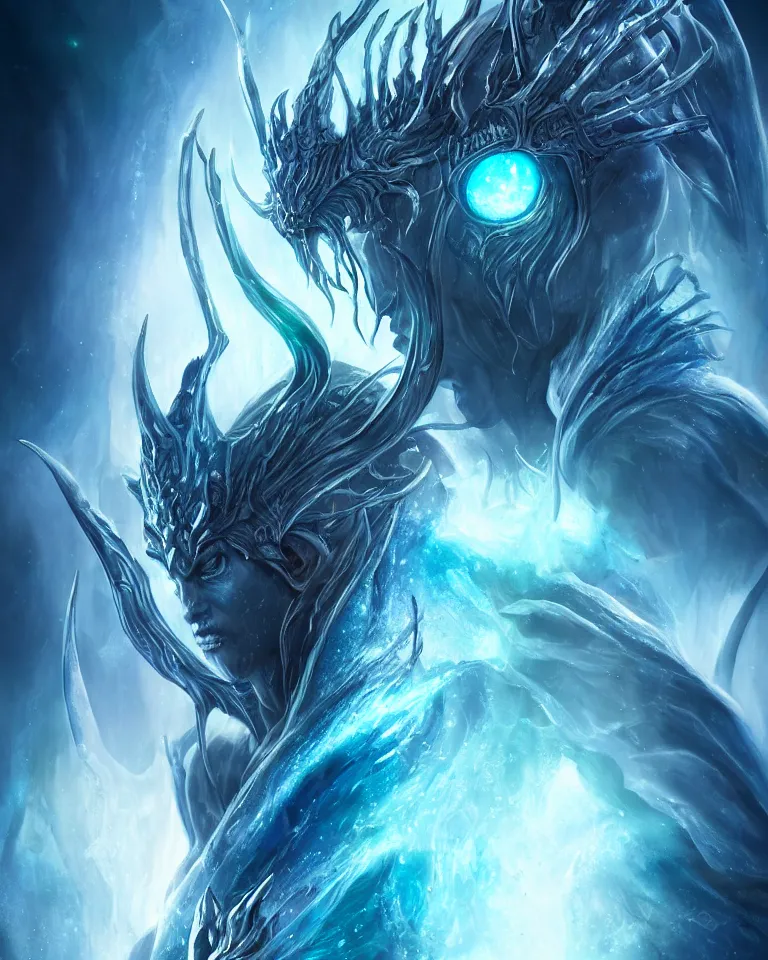 Prompt: beautiful cinematic fantasy poster, one individual demon king of water, beautiful glowing galaxy eyes, hybrid from The Elden Ring and art direction by Darius Zawadzki ;by artgerm; wayne reynolds art station; cinematic quality character render; low angle; ultra high quality model; production quality cinema model;