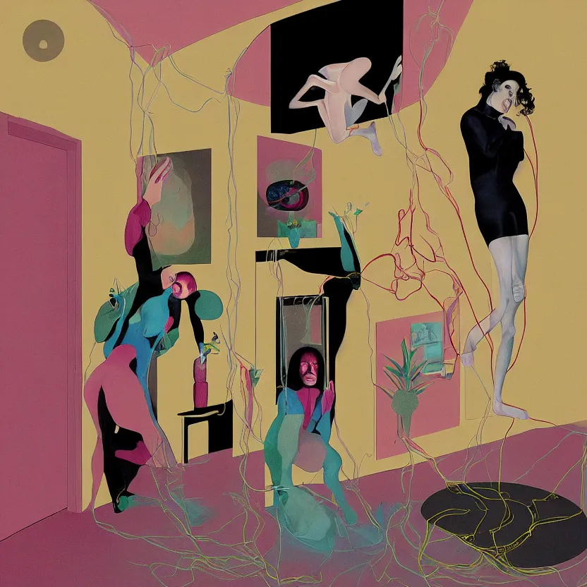 Image similar to One man and one woman attached by love in a living room of a house, floating dark energy surrounds the middle of the room. There is one living room plant to the side of the room, surrounded by a background of dark cyber mystic alchemical transmutation heavenless realm, cover artwork by francis bacon and Jenny seville and martine johanna, midnight hour, part by adrian ghenie, part by jeffrey smith, part by josan gonzales, part by norman rockwell, part by phil hale, part by kim dorland, palette knife texture, smudged paint, muted cold colors, artstation, highly detailed