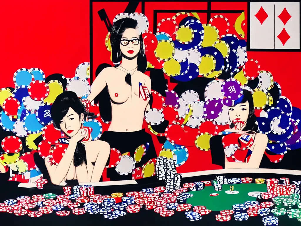 Image similar to hyper - realistic composition of a room with an extremely detailed poker table, croupier in traditional japanese kimono standing nearby fireworks in the background, pop art style, jackie tsai style, andy warhol style, acrylic on canvas