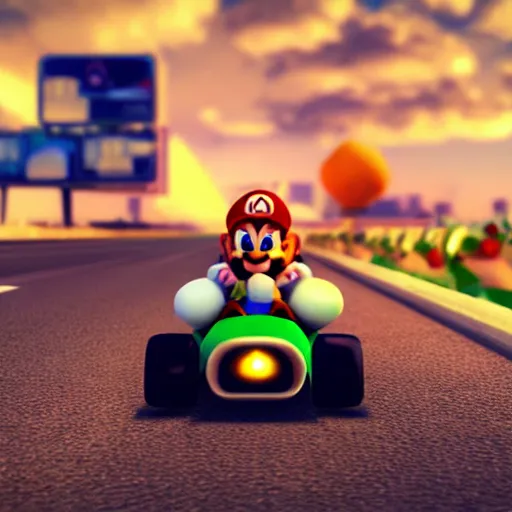 Prompt: cat driving mario kart on realistic road, motion blur, clear sky, golden hour, unobstructed road, artstation