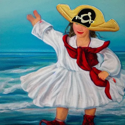 Prompt: dancing milk maid wearing a pirate hat shore seascape in the style of Annie Swinnerton