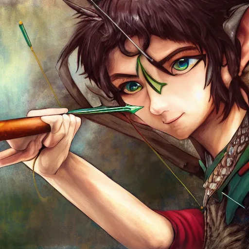 Prompt: a mixed media painting of a young elf archer aiming a bow at the camera close-up, WLOP, pixiv, 8k UHD