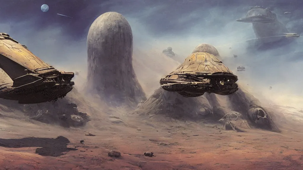 Image similar to organic dropship lander by john schoenherr and jim burns, epic cinematic matte painting