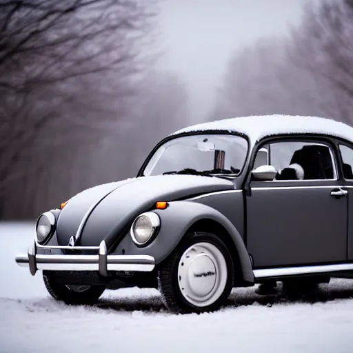 Prompt: small volkswagen beetle in the snow, cold lighting, shallow depth of field, outdoors