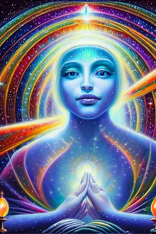 Prompt: a realistic detailed cinematic painting of a beautiful clear glass vibrant consciousness of human evolution, strange miraculous entity reflecting light prism, spiritual enlightenment, manifestation, fond memories, reincarnation, opal statues adorned in jewels, by david a. hardy, kinkade, lisa frank, wpa, public works mural, socialist