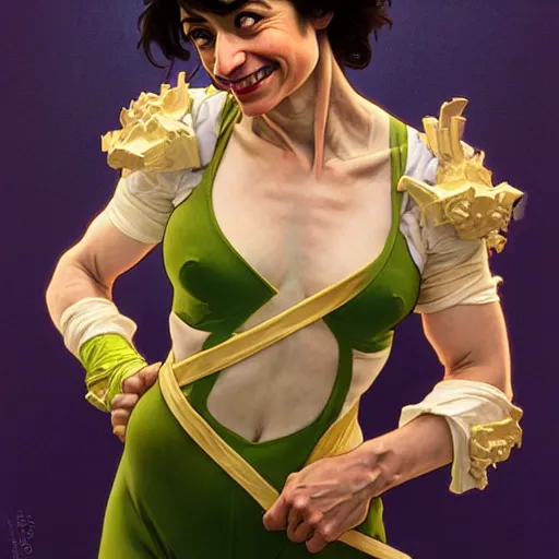 Image similar to full portrait of kate micucci as she - hulk, fantasy, d & d, intricate, detailed, by by alphonse mucha, adolfo hohenstein, alice russell glenny, stanley artgerm lau, greg rutkowski, detailed, trending on artstation, trending on artstation, smooth