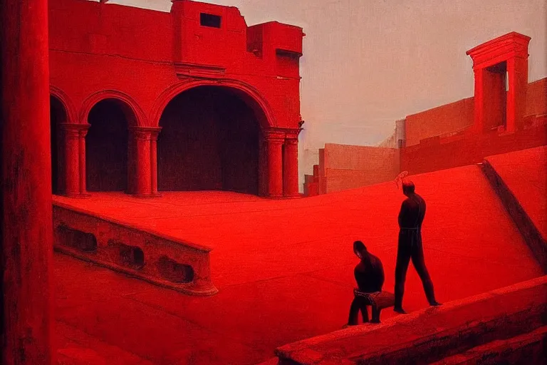 Image similar to only with red, a red melted emperor, taormina amphitheatre, crowd hails him happy, in the style of beksinski, parts by edward hopper, parts by rodcenko, parts by yue minjun, intricate and epic composition, red by caravaggio, insanely quality, highly detailed, masterpiece, red light, artstation, 4 k