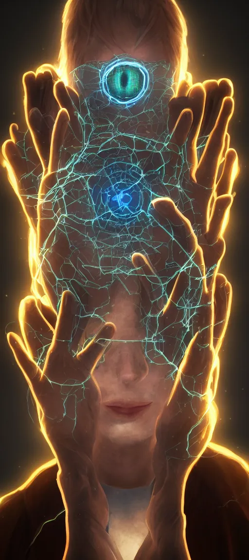 Prompt: close up portrait of a psychic computer nerd :: glowing eyes, levitating, psychic powers, magic, full body character concept art, detailed, intricate, substance designer render