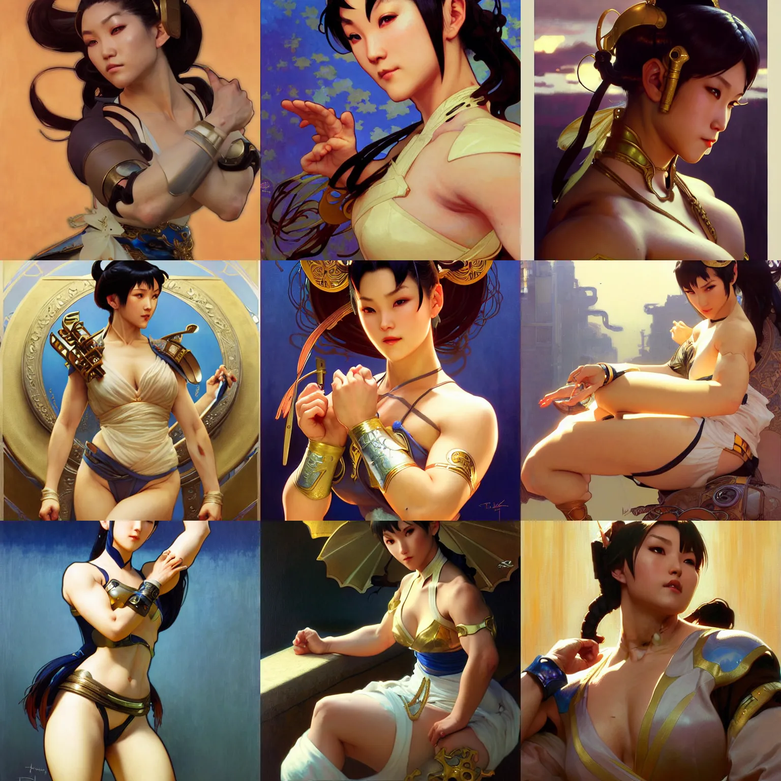 Image similar to chun - li, nier autoamata, highly detailed painting by ilya kuvshinov, alphonse mucha, gaston bussiere, craig mullins, j. c. leyendecker 8 k