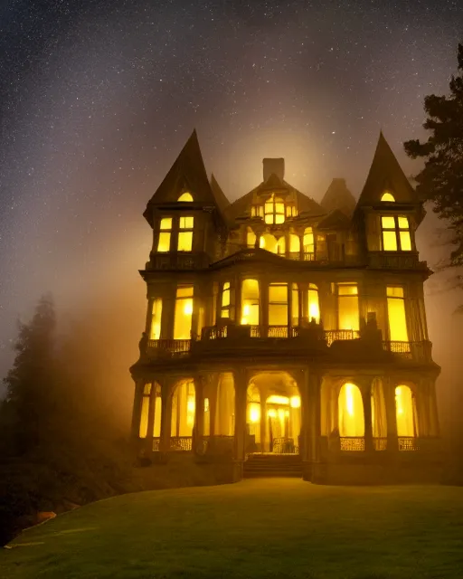 Prompt: a wide angle low photo of a colossal ghostly victorian mansion on the edge of a cliff above a misty forest at night, volumetric light, epic proportions, ultradetailed, 8 k