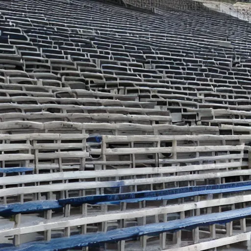 Image similar to a set of bleachers, with bottles of bleach stacked neatly on the benches