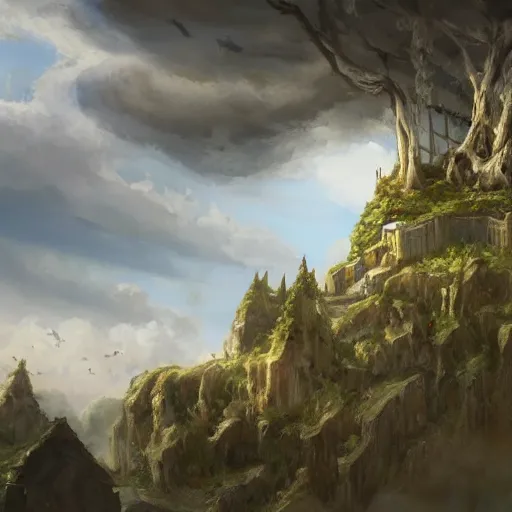 Prompt: a painting of a giant floating castle in the sky with tree roots spreading from the bottom. artstation. painting. high - quality. extremely detailed clouds and foliage