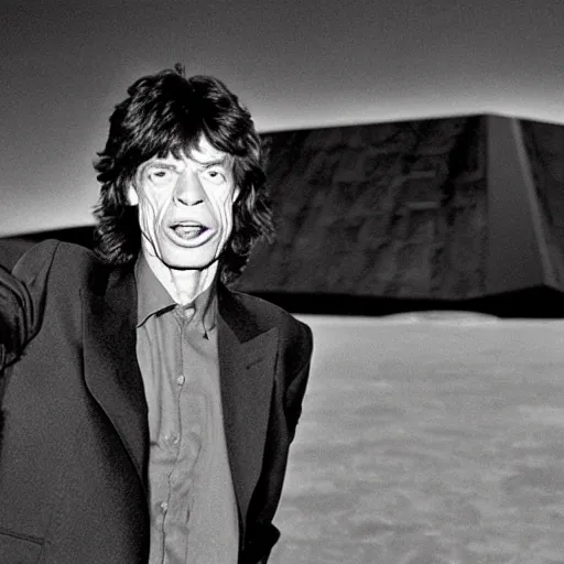 Prompt: mick jagger in front of a huge black monolith, from the movie 2 0 0 1 a space oddisey directed by stanley kubrick, detailed photo,