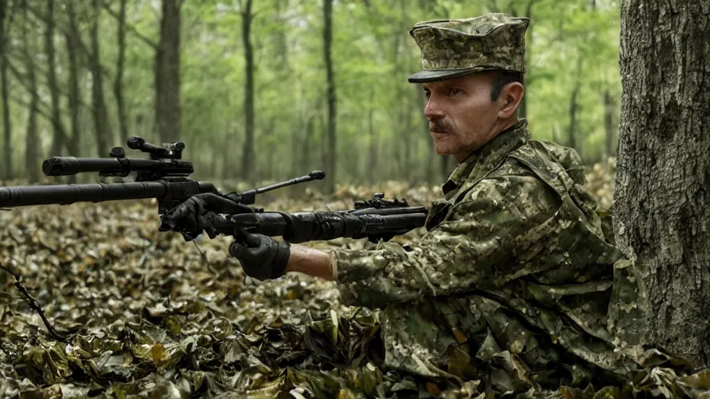 Prompt: a soldier with a rifle in tarkov made of leaves and twigs hiding in a tree, film still from the movie directed by Denis Villeneuve with art direction by Salvador Dalí, wide lens