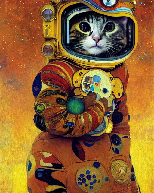 Image similar to cosmonaut cat portrait an oil painting splashes with many colors and shapes by gustav klimt greg rutkowski and alphonse mucha, polycount, generative art, psychedelic, fractalism, glitch art