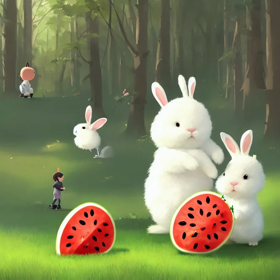 Prompt: Goro Fujita illustrating a cute white fluffy bunny with big ears eating a big watermelon in a forest, art by Goro Fujita, sharp focus, highly detailed, ArtStation