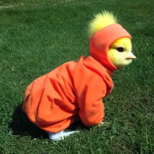 Image similar to cute baby chick dressed as an inmate