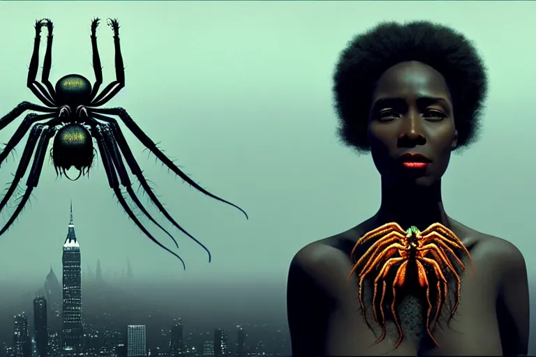 Image similar to realistic detailed photorealistic portrait movie shot of a beautiful black woman with a giant spider, dystopian city landscape background by denis villeneuve, amano, yves tanguy, alphonse mucha, ernst haeckel, jean delville, david lynch, edward robert hughes, roger dean, cyber necklace, rich moody colours, cyber patterns, wide angle