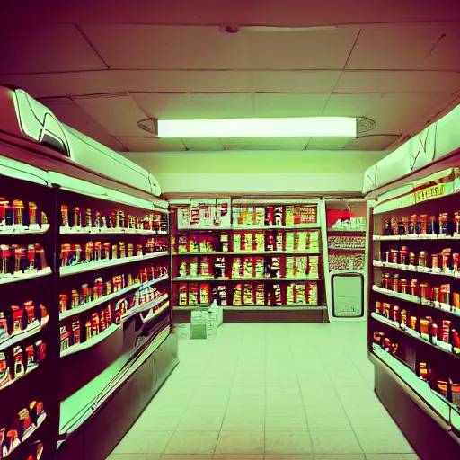 Image similar to noisy color photograph of inside a retrofuturist empty convenience store, dark pit, minimalist, cinematic, soft vintage glow, lens flare