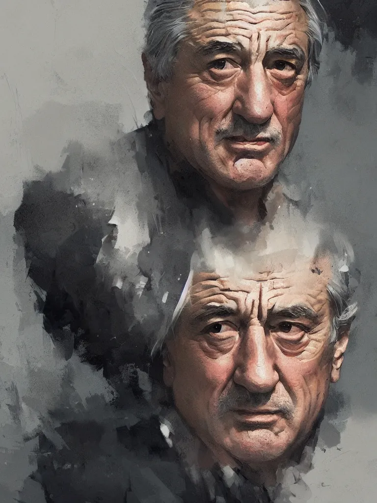 Prompt: A portrait of Robert de Niro art by greg rutkowski, matte painting, trending on artstation