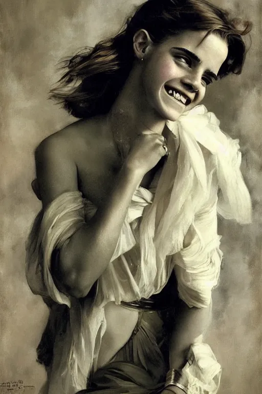 Prompt: emma watson laughing detailed portrait painting by gaston bussiere craig mullins j. c. leyendecker photograph by richard avedon peter lindbergh