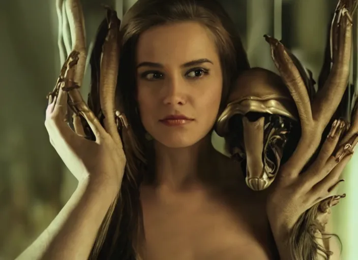 Image similar to movie still of a beautiful woman with a alien facehugger on her face, cinematic full shot.