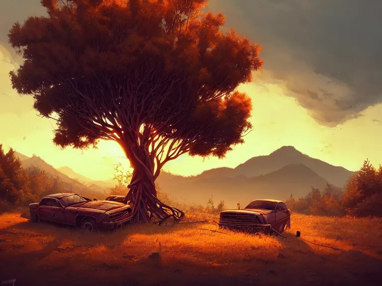 Image similar to low angle shot of tree growing inside scrap car in the foreground. overgrown. soft golden red sunset over the mountains in the background. clouds. detailed leaves. hyperrealistic, highly detailed, cinematic, beautiful, cgsociety, artstation, oil painting by greg rutkowski, by artgerm, by wlop