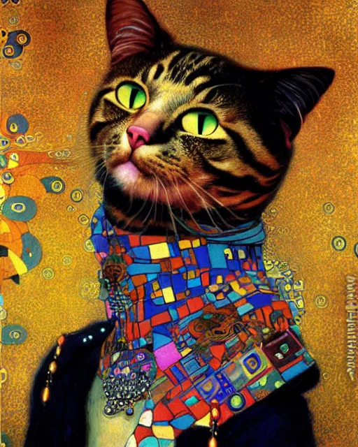 Prompt: punk cat portrait an oil painting splashes with many colors and shapes by gustav klimt greg rutkowski and alphonse mucha, polycount, generative art, psychedelic, fractalism, glitch art