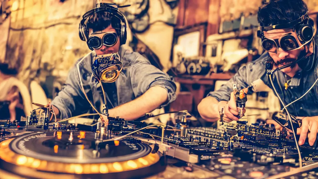 Prompt: a person wearing goggles and visor and headphones using a steampunk record player contraption, wires and tubes, turntablism dj scratching, intricate planetary gears, complex, cinematic, imax, sharp focus, iridescent