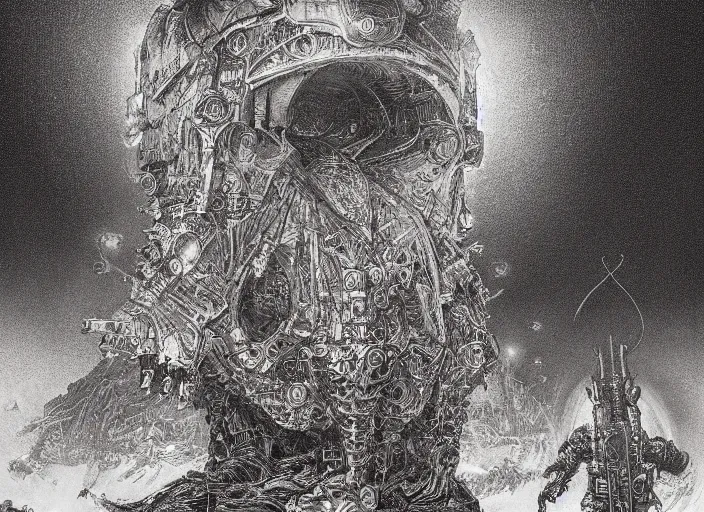 Image similar to an epic potrait of knowledge seeking cloaked tech priest, Adeptus Mechanicus, cybernetic enhancements, praise the omnissaiah, Zdzislaw Beksinski, Lewis Jones, mattias adolfsson, Piranesi, Warhammer 40K!!, cold hue's on subject, warm tone gradient background, concept art