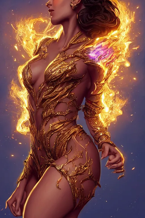 Image similar to torso closeup model wearing exploding fire dress, sorcerer, diamonds, angel, fantasy, dramatic lighting, d & d, deep focus, d & d, fantasy, intricate, elegant, highly detailed, digital painting, artstation, concept art, matte, sharp focus, illustration, hearthstone, art by artgerm and greg rutkowski and alphonse mucha