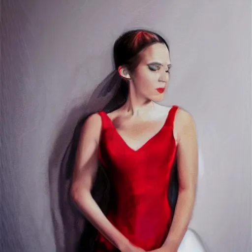 Image similar to Hyper realistic portrait of a woman wearing a bride style red dress