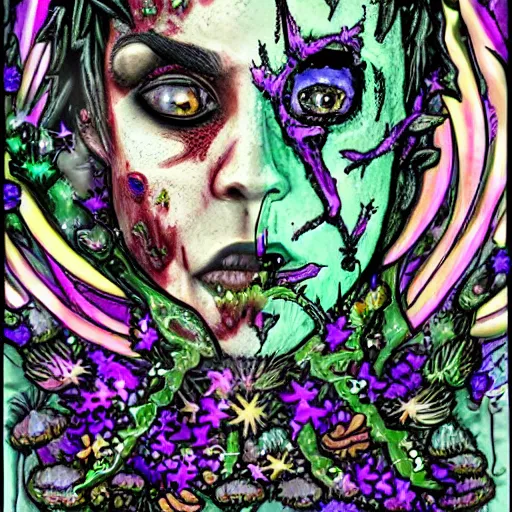 Prompt: cartoonish portrait of a punk rock zombie turning into flowers and mushrooms, covered in crystals and glitter, dramatic lighting, sculptural, intricate detail